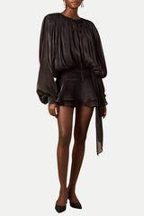 Anzay Pleated Ruffled Hem Mini Dress - Black