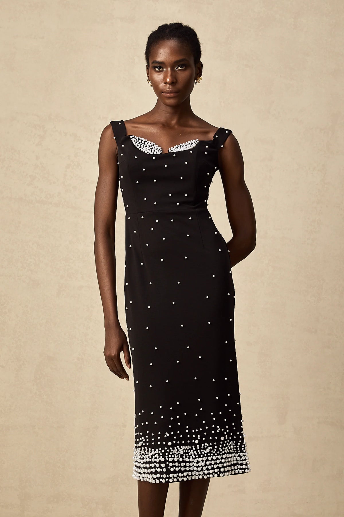 Apolline black faux-pearl embellished midi dress