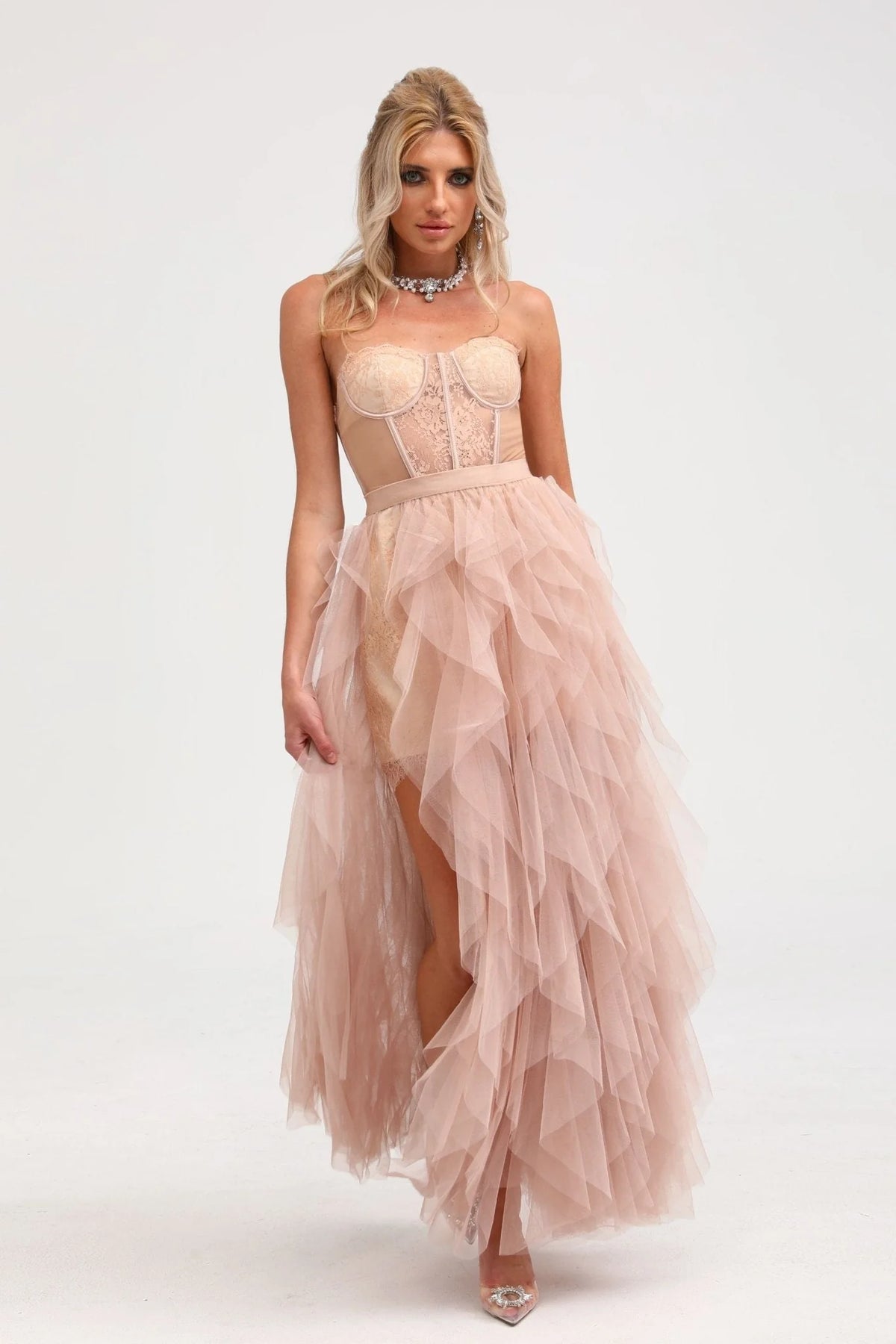 Eilís pink bustier mesh maxi dress