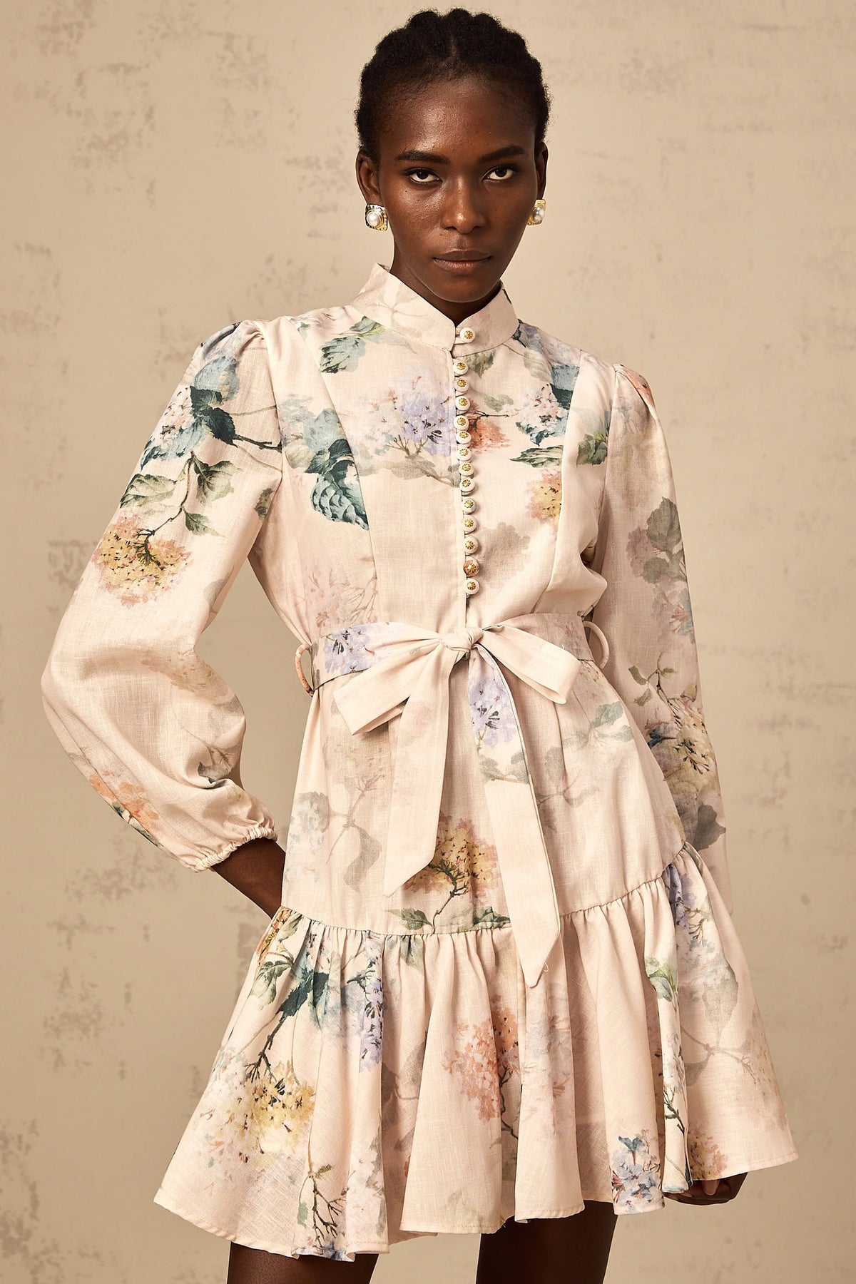 Maia tied-waist floral-print mini dress in Neutrals