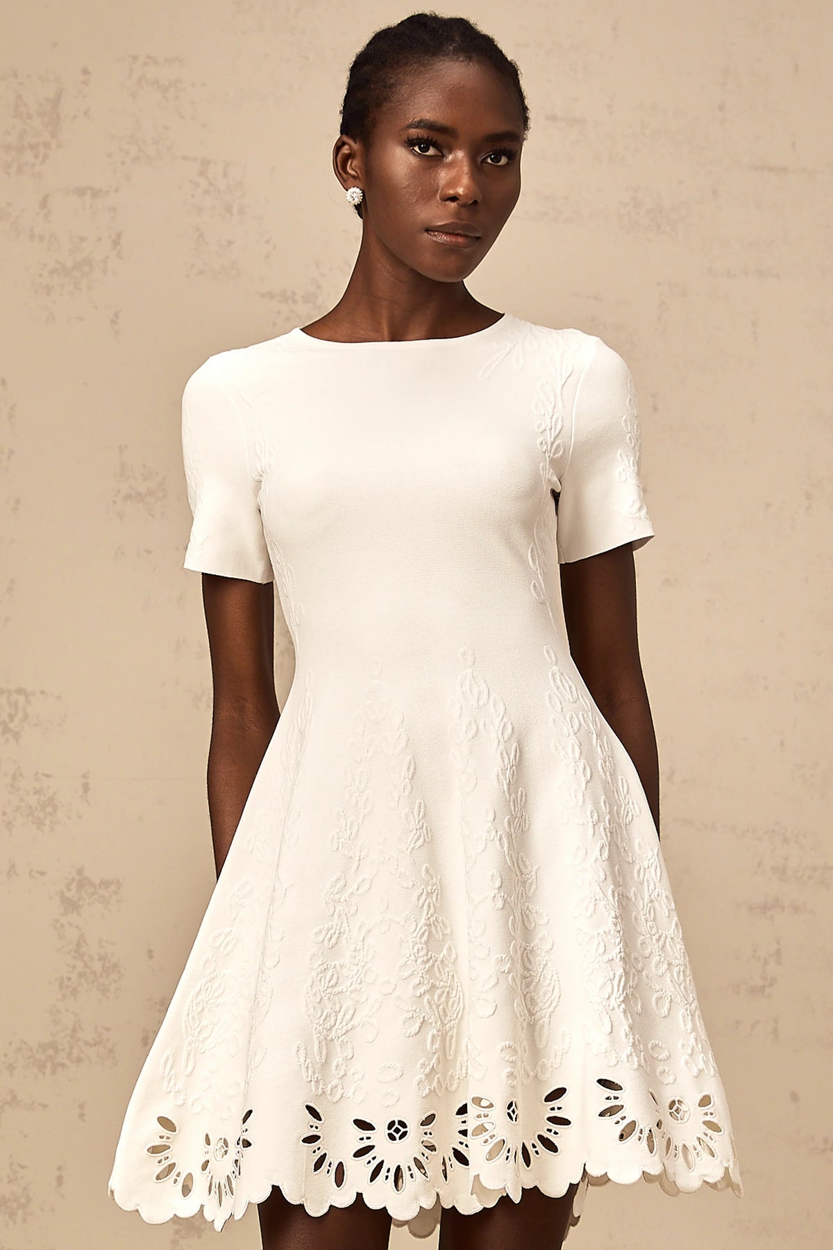 Émilie white knitted cut-out jacquard mini dress
