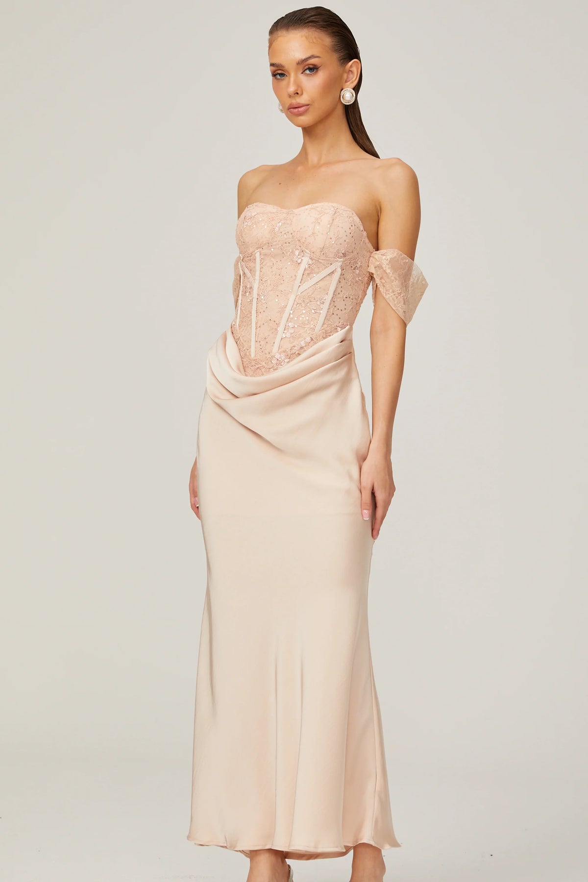 Ariane pink lace-panel draped midi dress