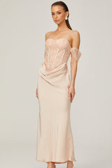 Ariane pink lace-panel draped midi dress