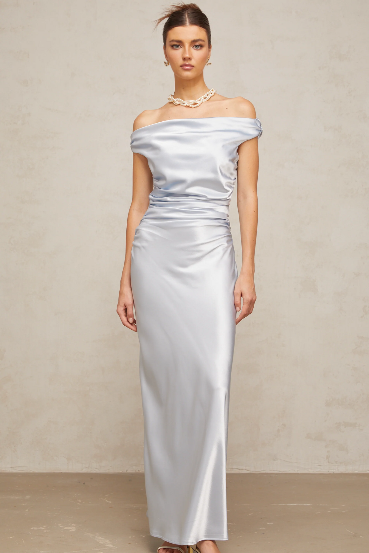 Amanda blue off-shoulder ruched satin maxi dress