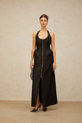 Adrienne black denim front-slit contrast-stitching maxi dress