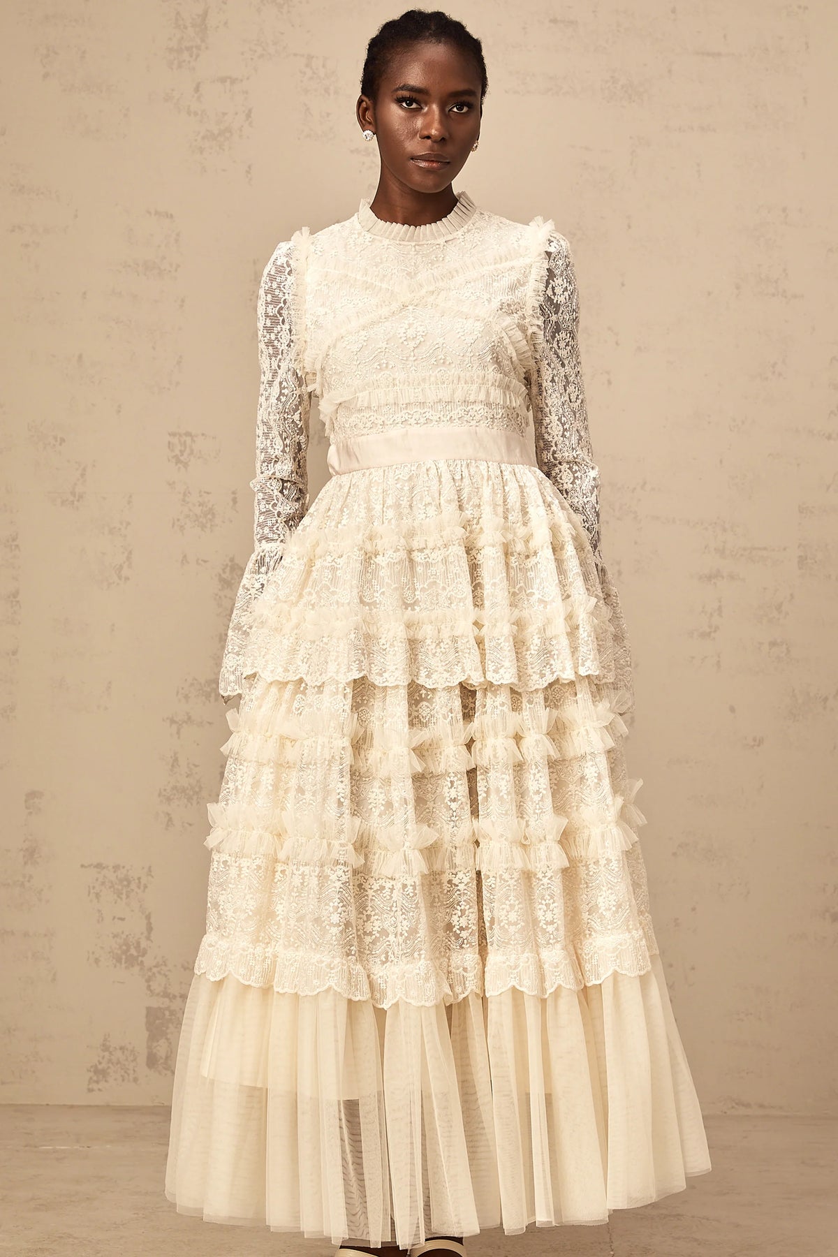 Agnès neutrals lace-panel ruffled tulle maxi dress