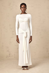 Elena white ribbon twist-detail ruched maxi dress