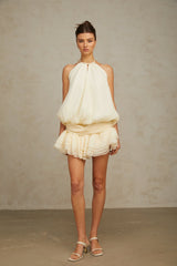 Bérénice white halterneck faux-pearl mini dress