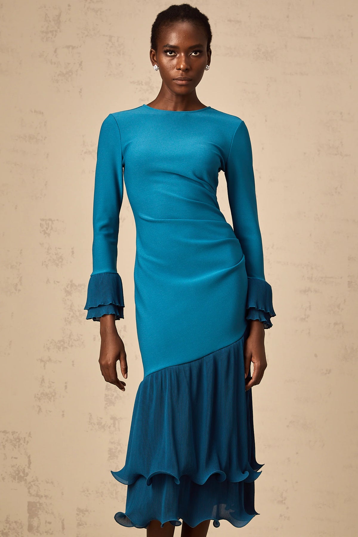 Fleurida ruffled-trim panelled midi dress in Blue