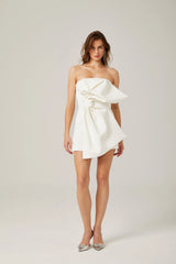 Charla white oversize-bow asymmetric mini dress