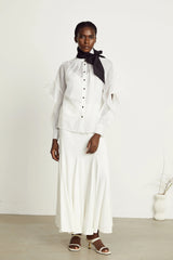 Margaux white semi-sheer ruffled bow-tie shirt