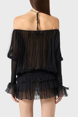 Inaki Halter Pleated Ruffle Mini Dress - Black