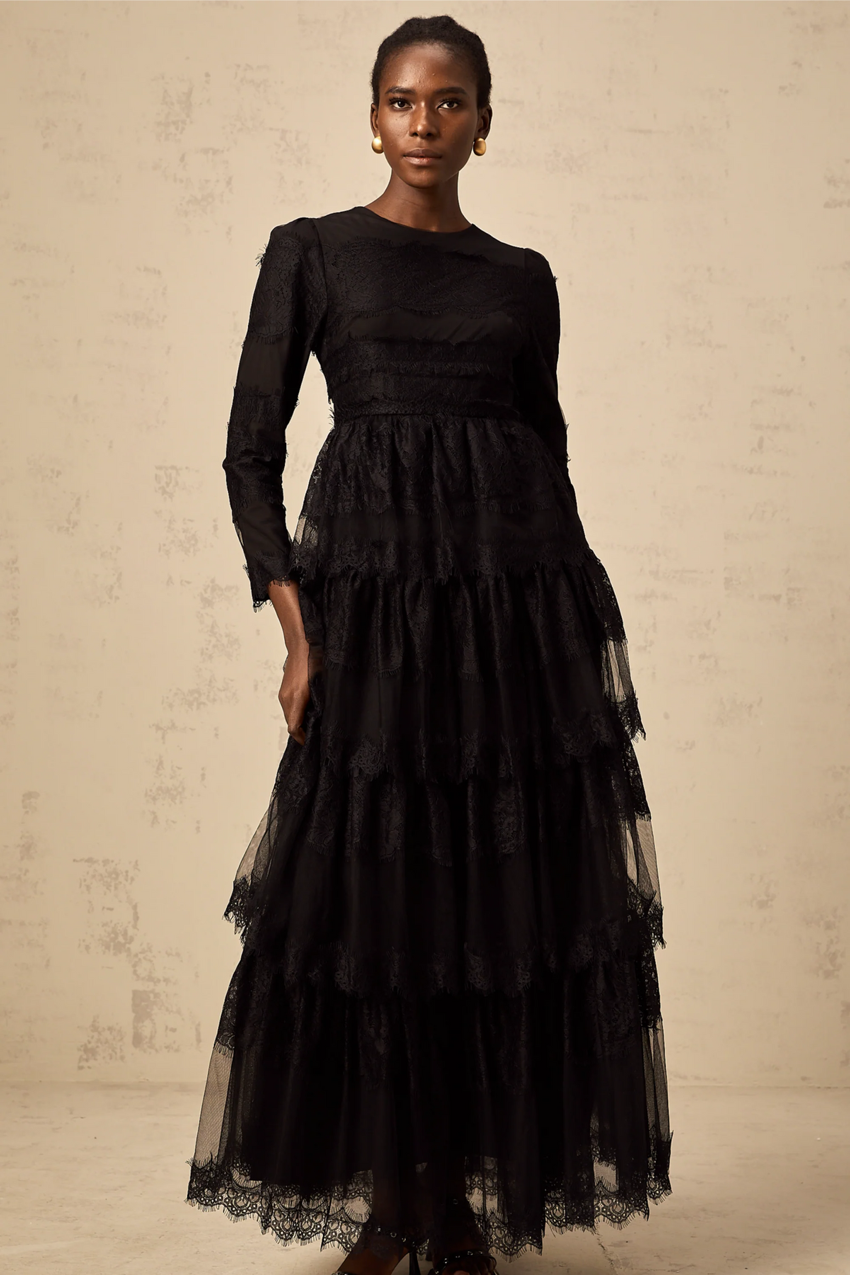 Gloria black guipure lace tulle tiered maxi dress