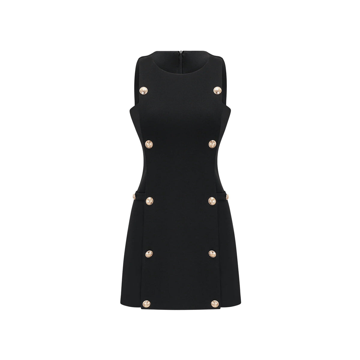 Cascade button-detail black mini dress