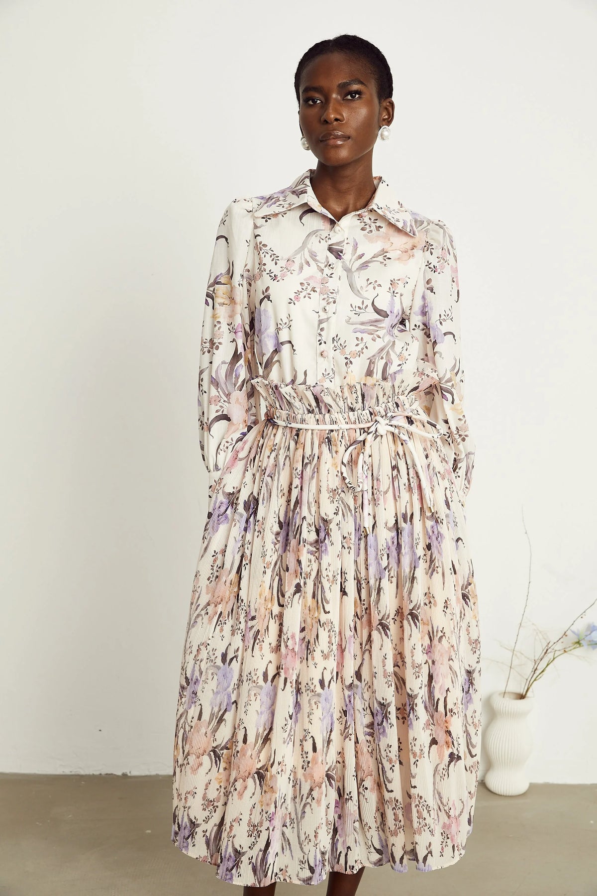 Mathilde floral tied-waist pleated midi dress