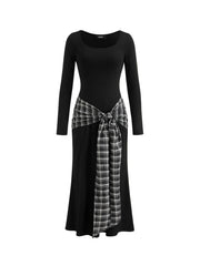 Plaid Knotted Scoop Neckline Long Sleeve Maxi Dress