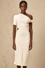 Béryl white asymmetric buckle midi dress