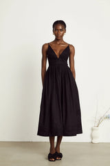 Manon black smocking pleated midi dress