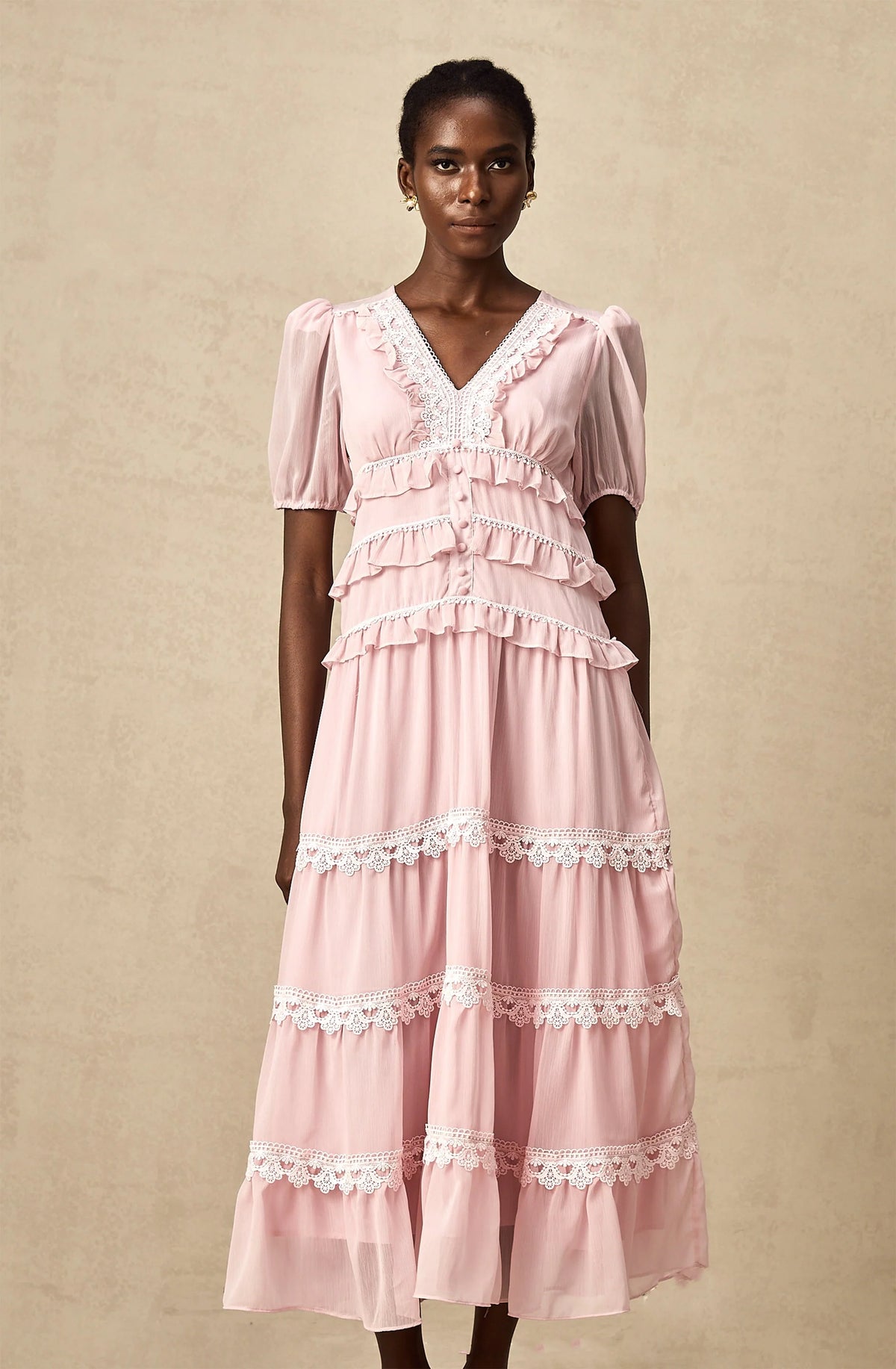 Amelie pink ruffled tiered midi dress