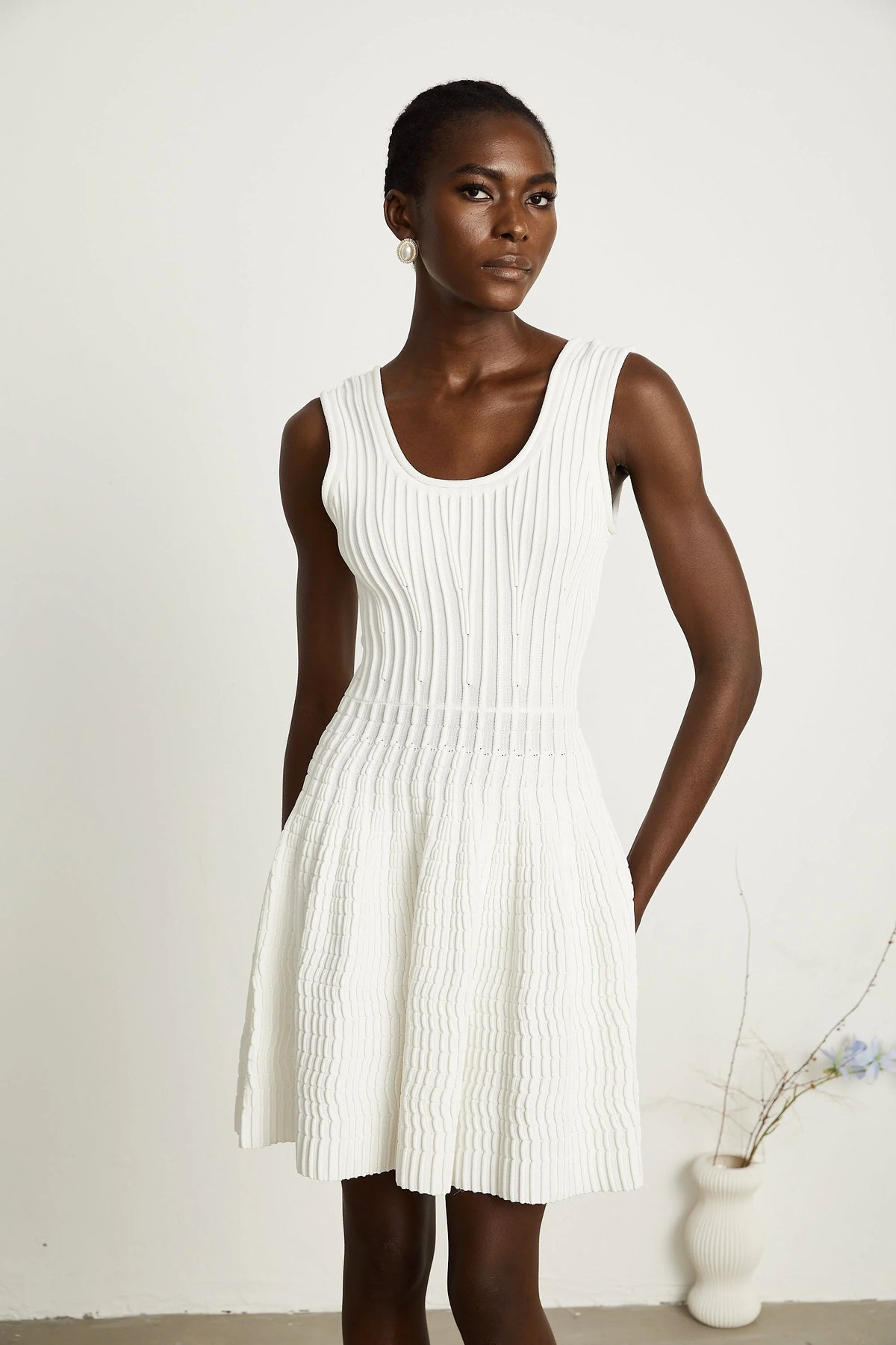 Constance white knitted pleated mini dress