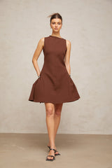 Dora brown asymmetric-neck puff mini dress
