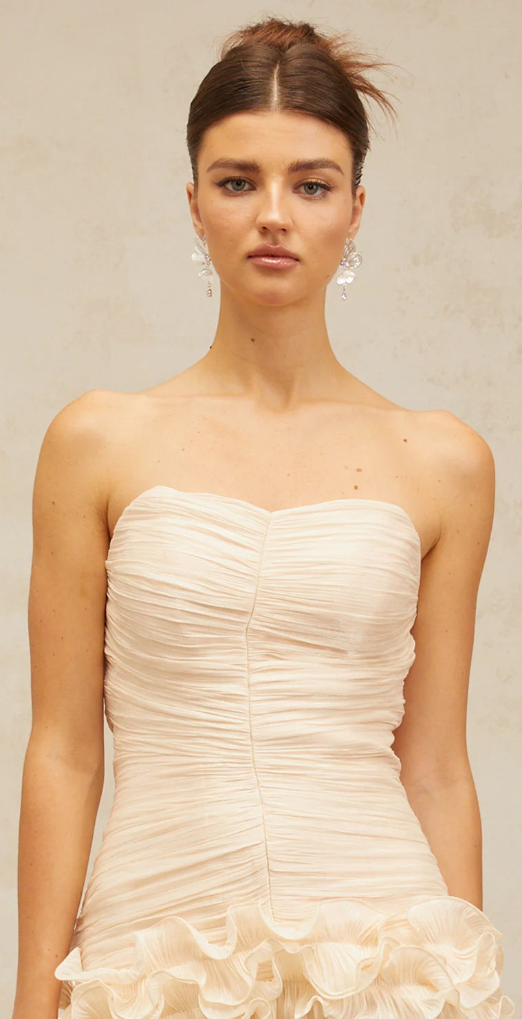 Céleste neutrals ruffled pleated maxi dress
