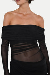 Enko Off Shoulder Ruched Mesh Maxi Dress - Black