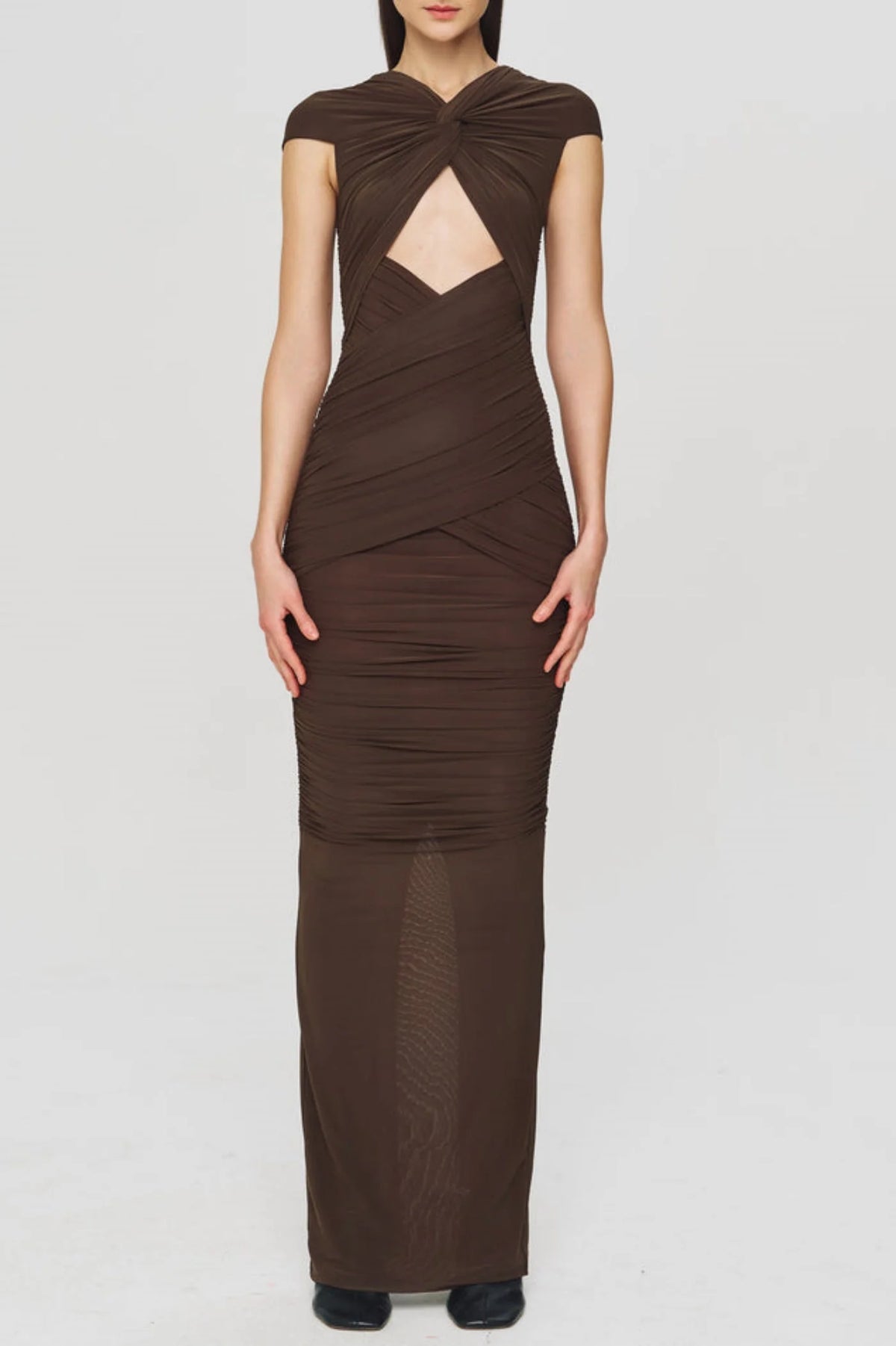 Bettye Off Shoulder Cutout Ruched Mesh Maxi Dress