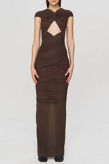 Bettye Off Shoulder Cutout Ruched Mesh Maxi Dress