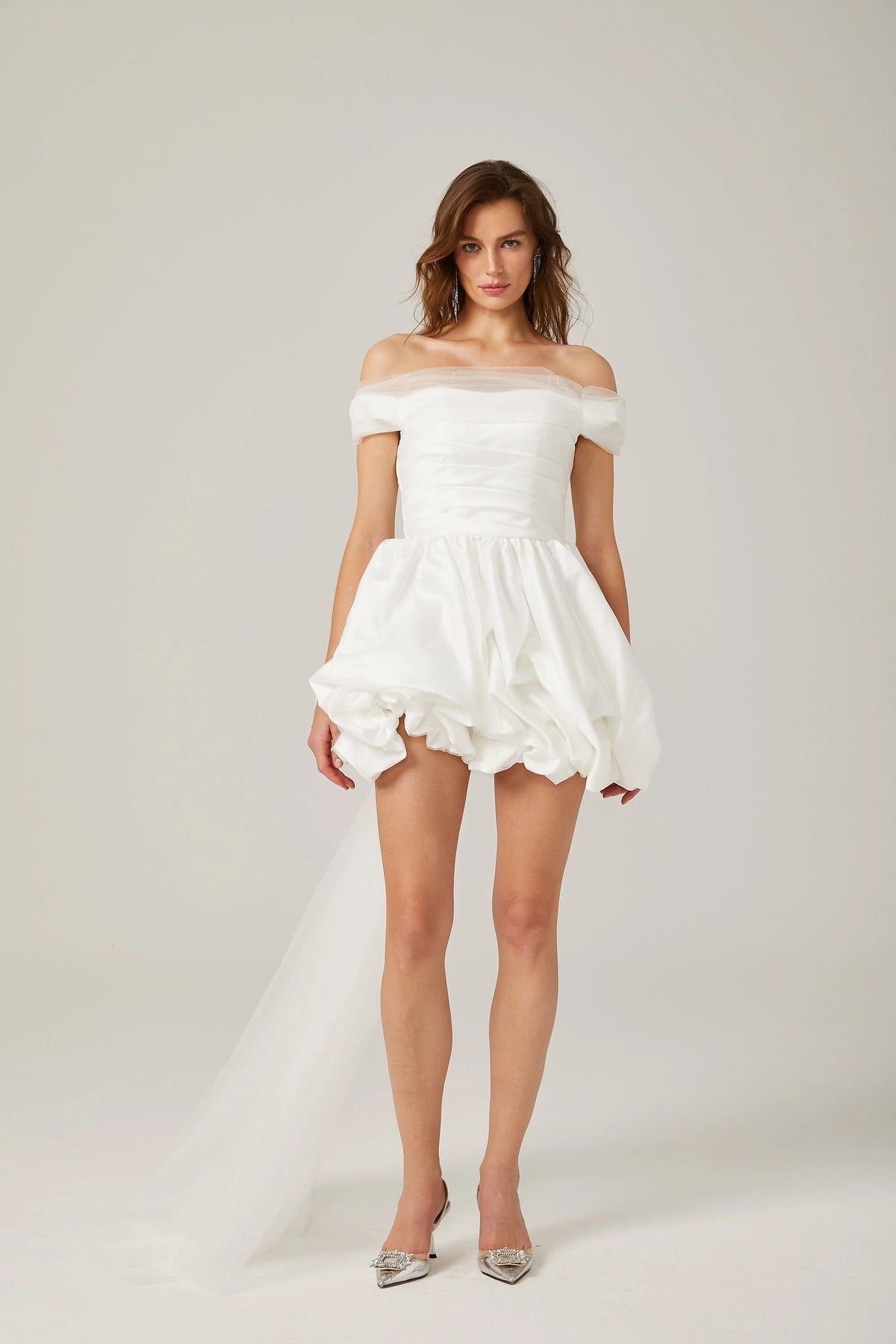 Aurore white off-shoulder bowknot mini dress