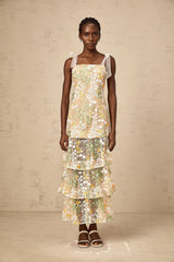 Bérénice white flower-embroidery tiered midi dress