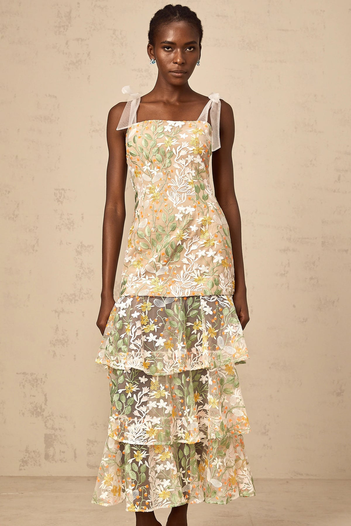 Bérénice white flower-embroidery tiered midi dress