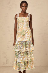 Bérénice white flower-embroidery tiered midi dress