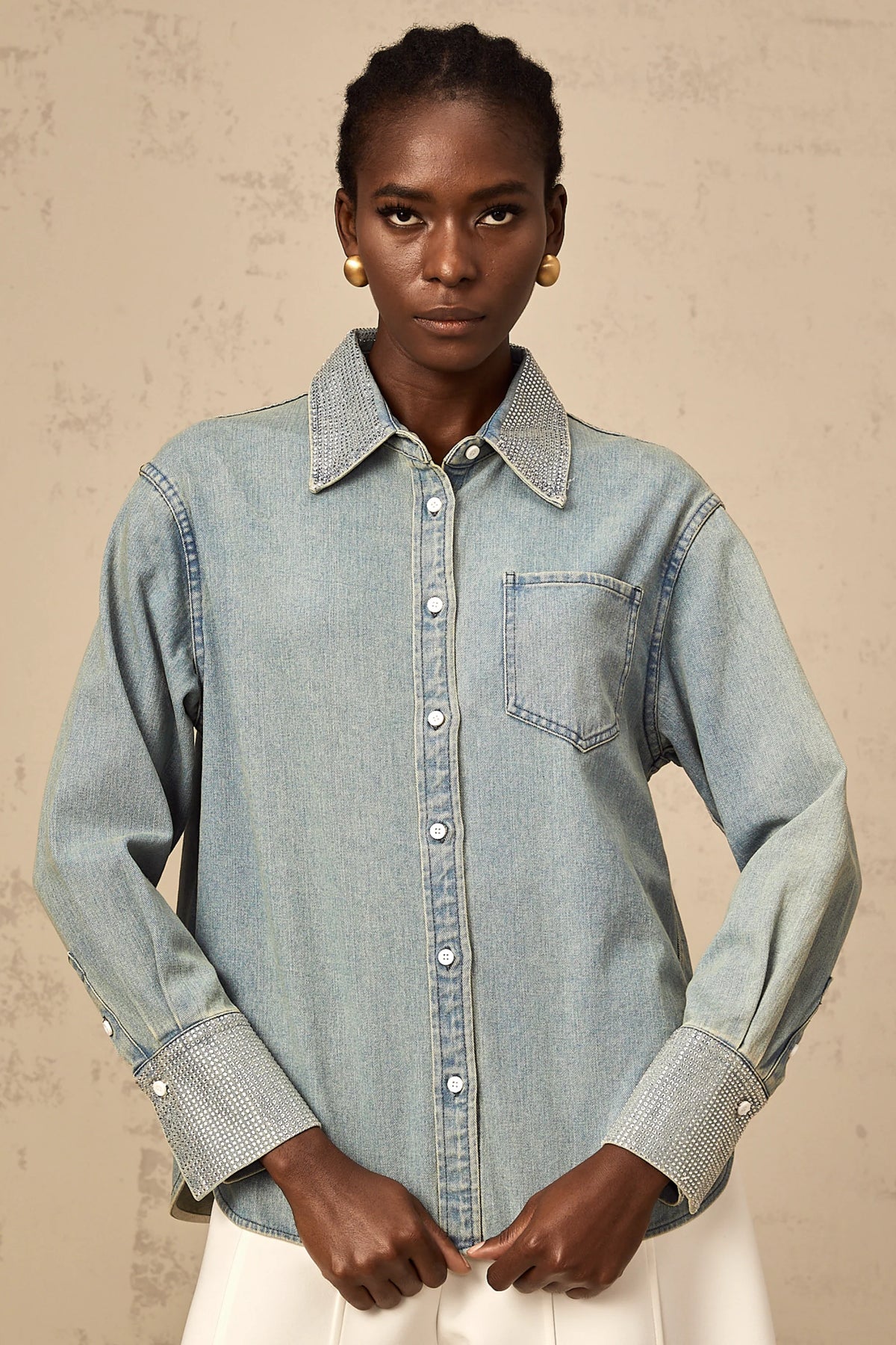 Flavie blue rhinestone-embellished denim shirt
