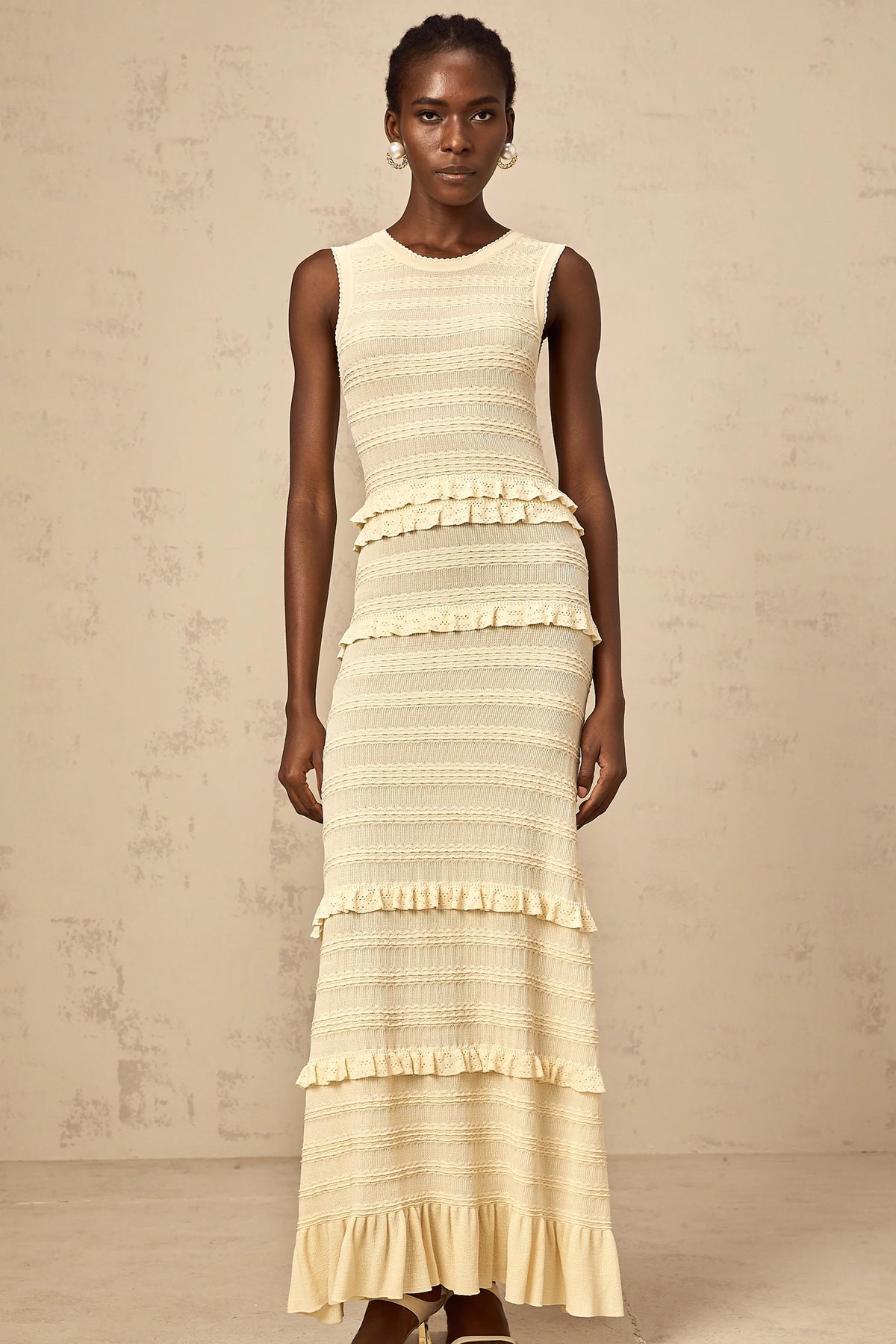 Airelle beige ruffled sleeveless knit maxi dress