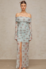 Honorine blue floral-print ruched maxi dress