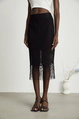 Adèle lace embroidered fringe-hem skirt