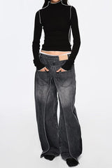 Emely Deconstructed Fake Two-piece Jeans - Black