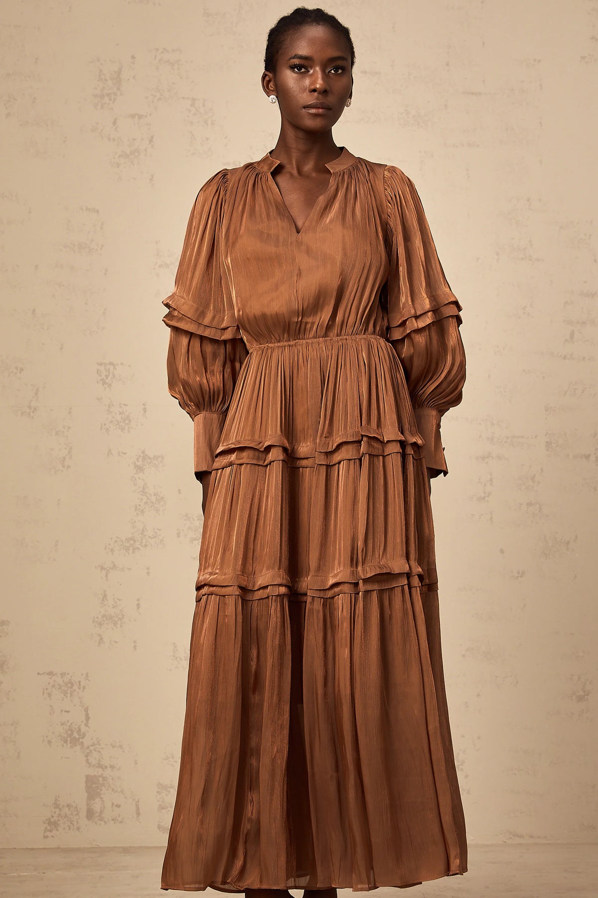 Emma brown ruffled-trim tiered maxi dress