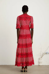 Chantal red scallop-pattern lace-panel maxi dress