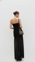 Maison Celie Noir Sheer-Hem High-Slit Strapless Gown