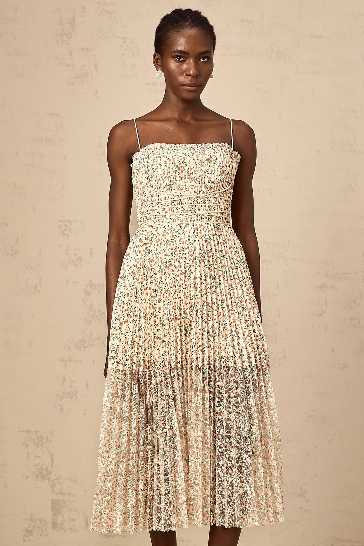Marion white floral-print pleated midi dress