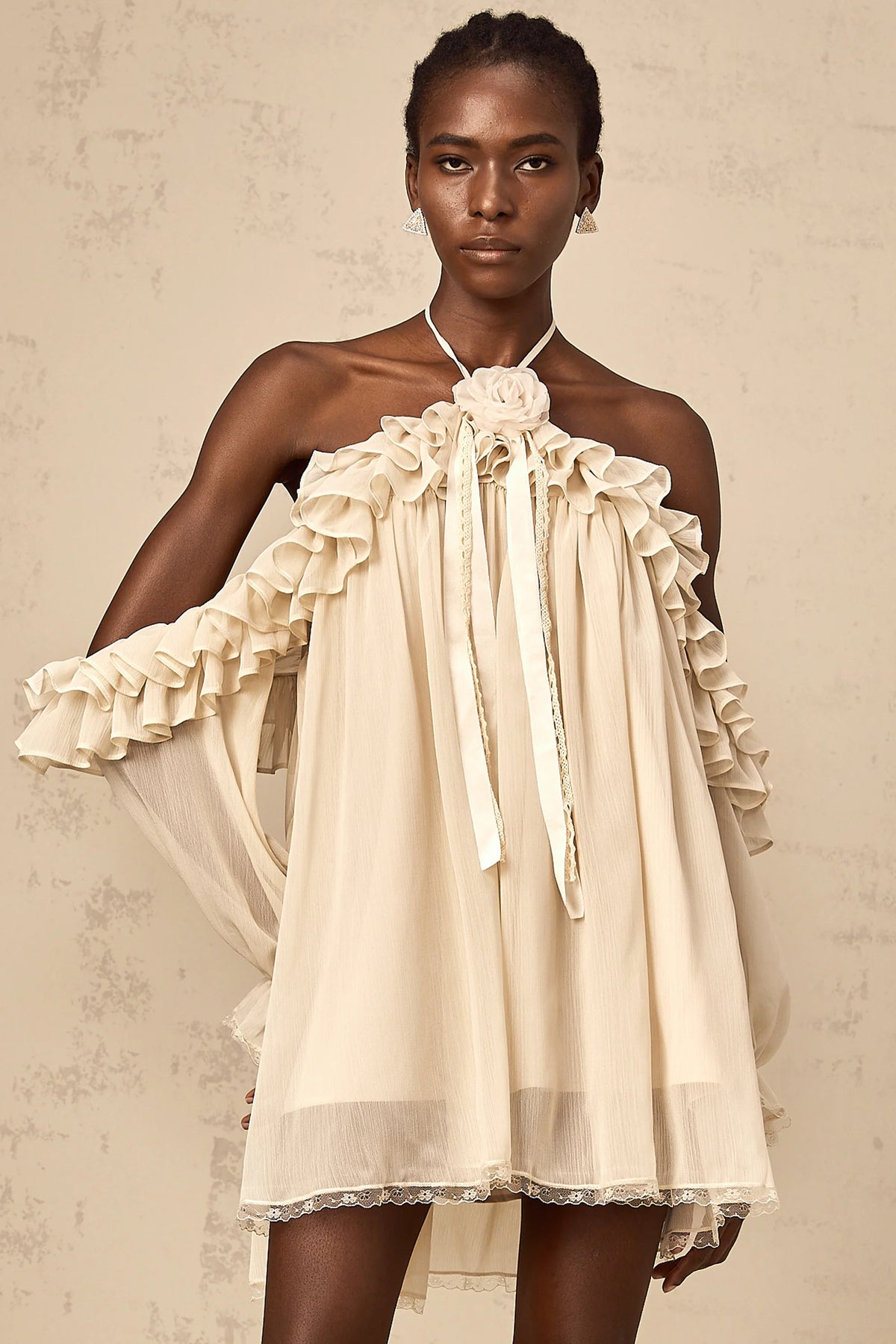 Cosette neutrals floral-appliqué ruffled mini dress