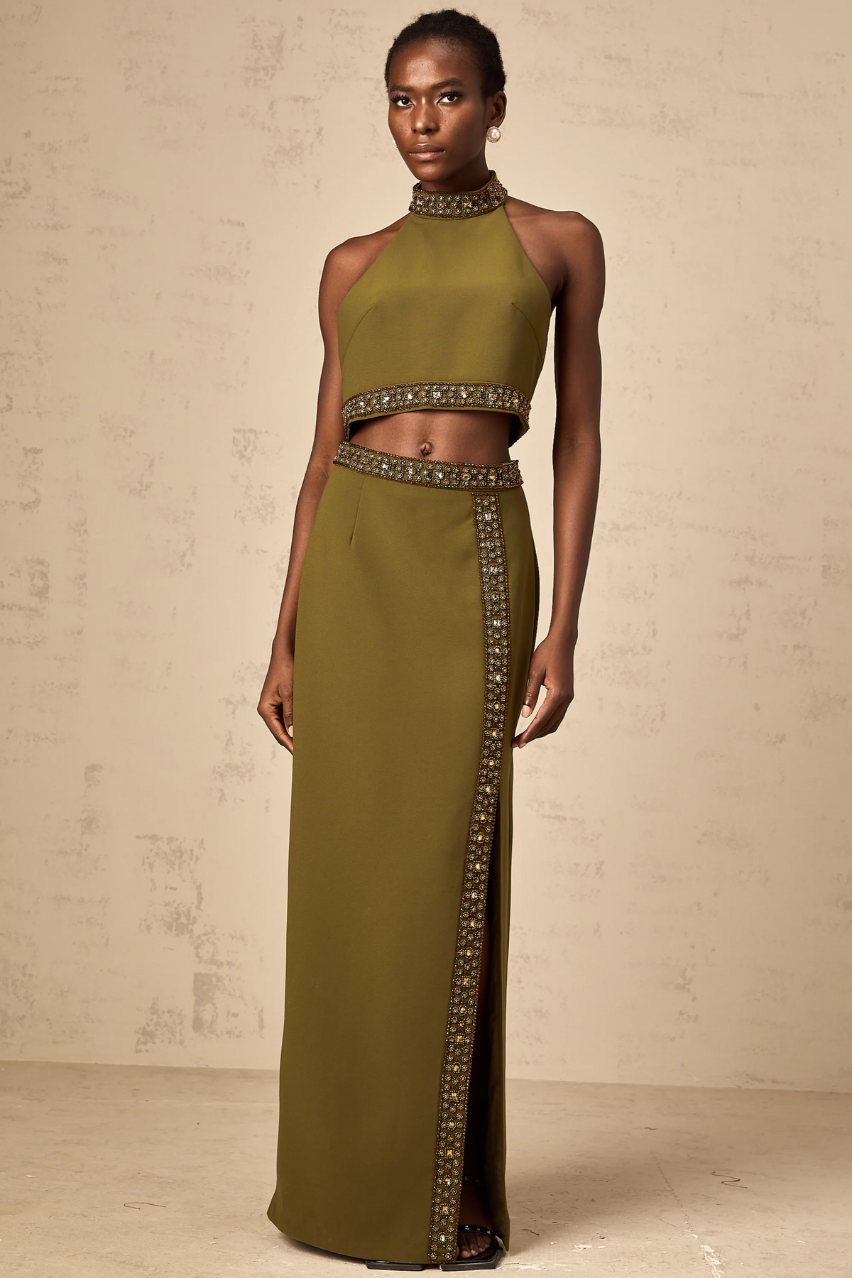 Daisy green beaded-trim top & skirt matching set