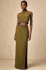 Daisy green beaded-trim top & skirt matching set