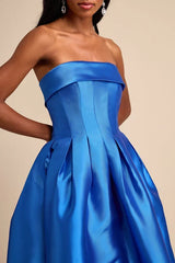 Novalie Blue Taffeta Pleated Strapless A-Line Maxi Dress