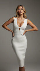 Elegant White Deep V-Neck Cutout Bodycon Midi Dress