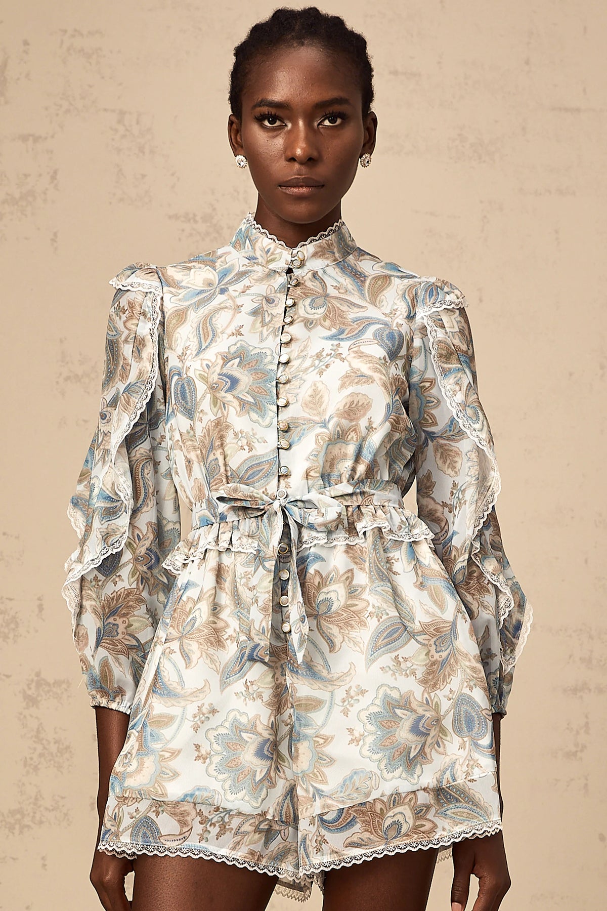 Eugénie blue lace-trim floral-print ruffled jumpsuit