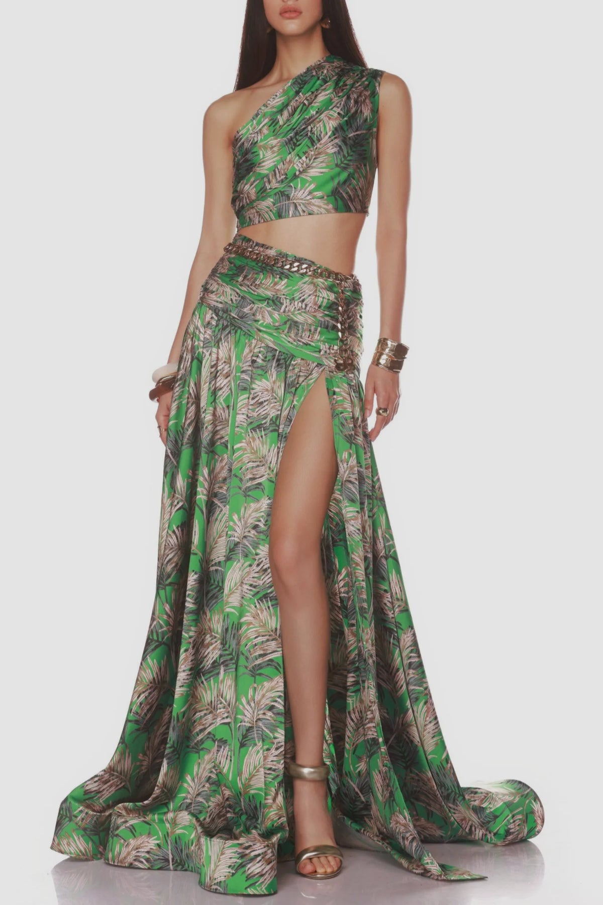 Linzie One Shoulder Leave Print Two Piece Set