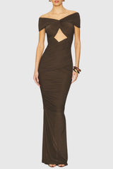 Bettye Off Shoulder Cutout Ruched Mesh Maxi Dress